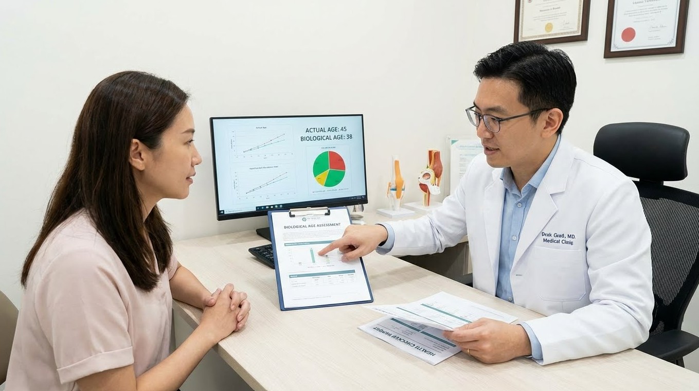 의사가 환자에게 건강검진 결과와 생체 리포트를 보여주는 모습에 대한 사진