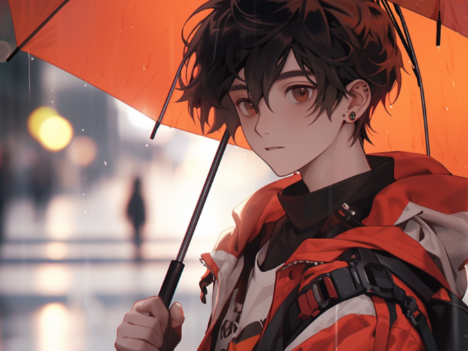 빗속에서 우산을 든 갈색머리 소년이 렌즈를 응시하는 일러스트