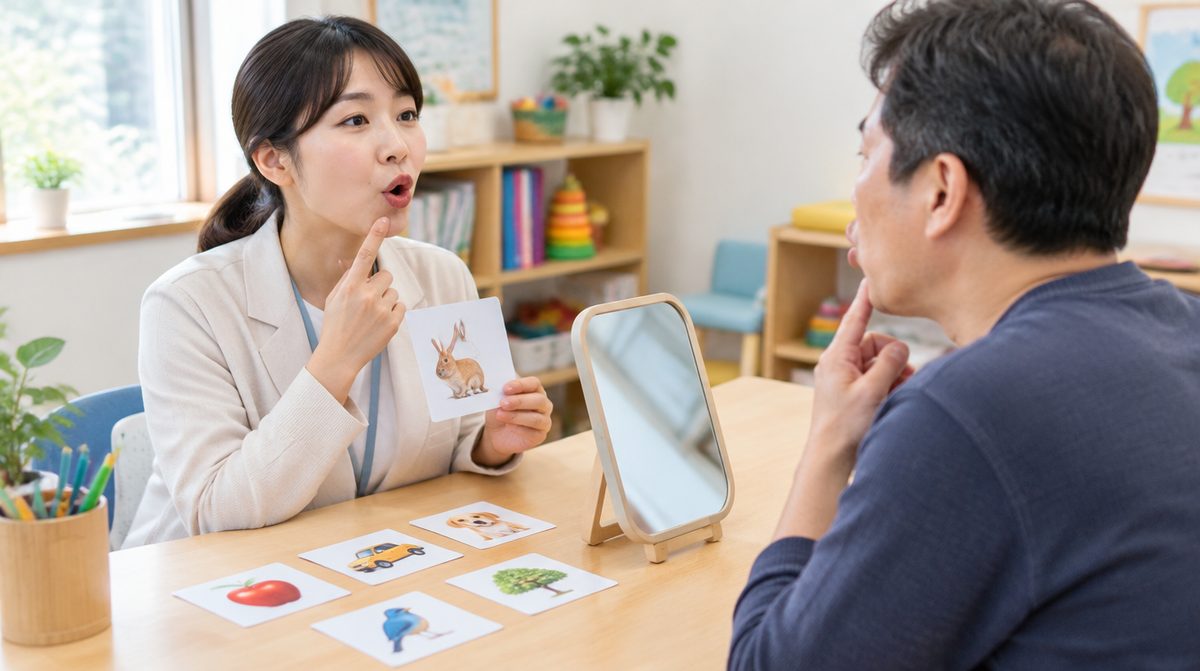 언어재활사와 그림 카드로 발음 연습을 하는 40대 환자