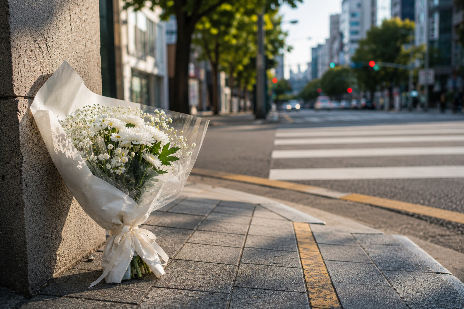도심 골목 한편에 놓인 흰 꽃다발과 횡단보도 풍경, 이상동기 범죄 이후 남겨진 추모의 분위기를 표현한 이미지