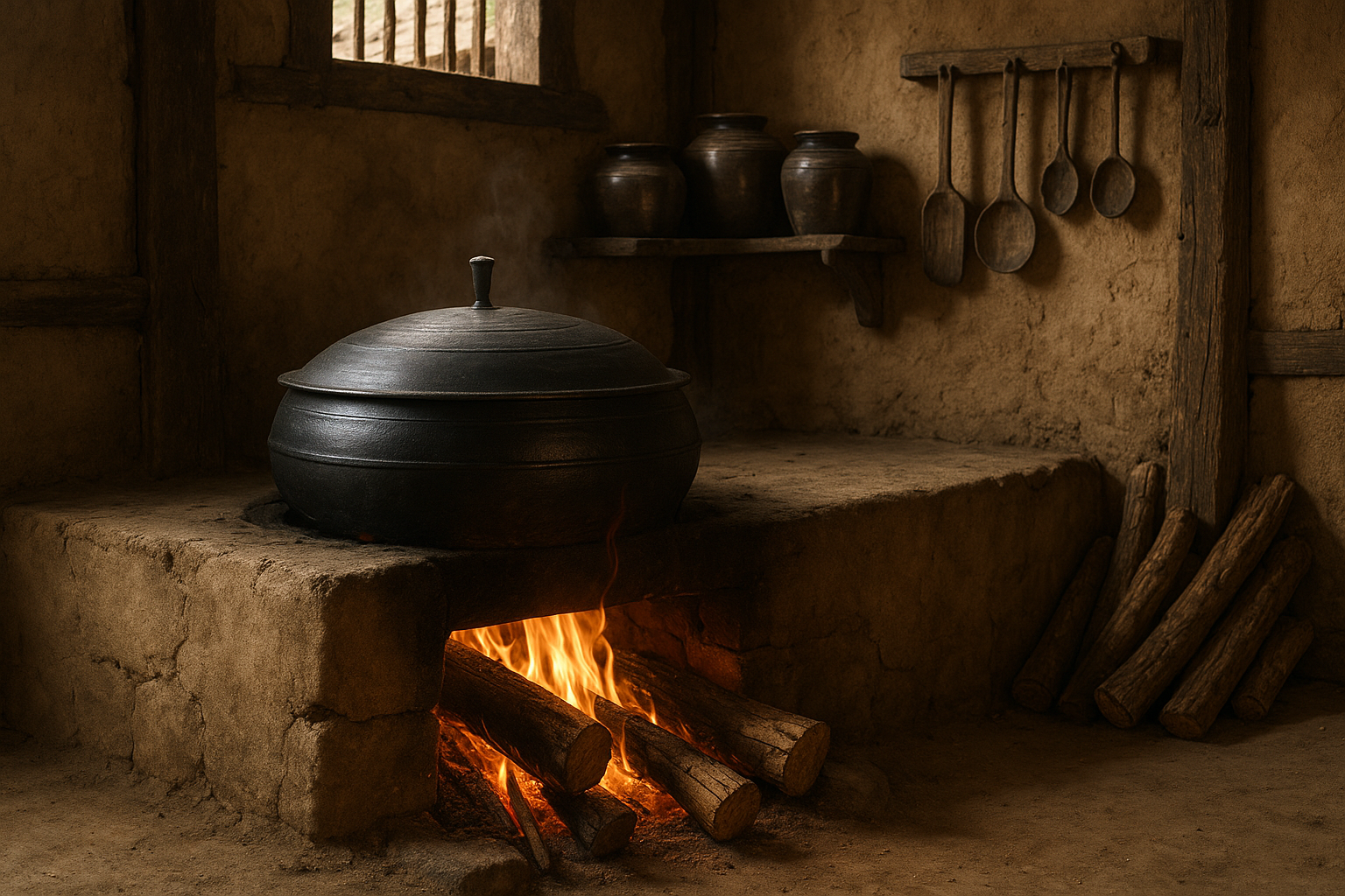 전통 부엌의 아궁이와 장작불 아래에서 가마솥이 올려져 있는 모습