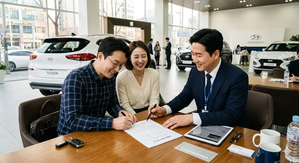 자동차 계약서에 서명하는 모습이나 영업소 상담 사진