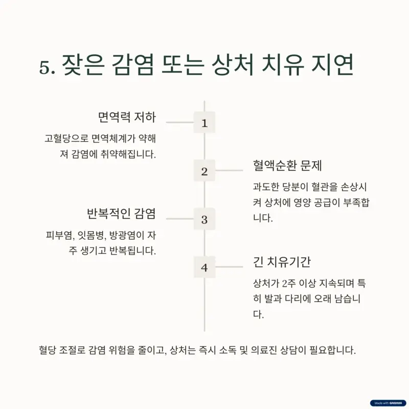 감염 및 상처 회복 지연에 대한 당뇨병 경고 인포그래픽