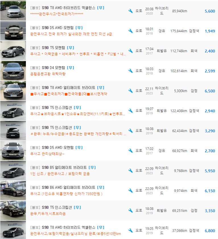 볼보 S90 등급 중고차 가격 : 1,850만원 ~ 7,150만원