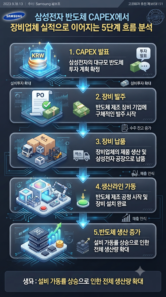 삼성전자 반도체 CAPEX가 장비업체 실적으로 전달되는 과정을 보여주는 단계별 인포그래픽