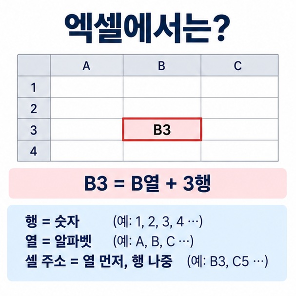 엑셀에서 알파벳은 열 숫자는 행이며 B3은 B열 3행이라는 셀 주소 규칙을 설명한 인포그래픽