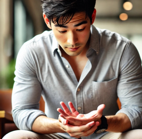 다한증으로 고민중인 30대 남성의 모습