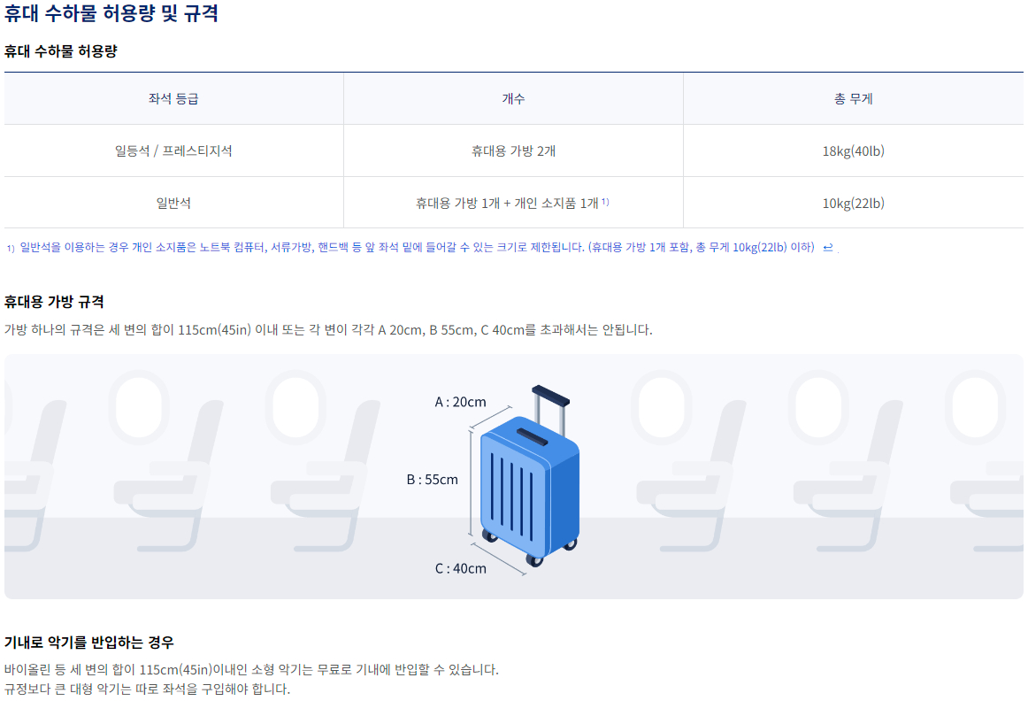 항공기 기내 휴대 수하물 허용량, 규격 및 보관 방법