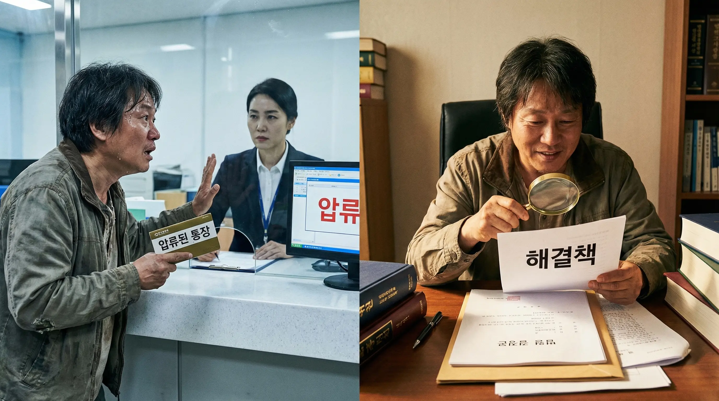 압류된 통장을 들고 은행 창구에서 거절당해 당황하는 사람과 법원 서류를 통해 해결책을 찾는 모습