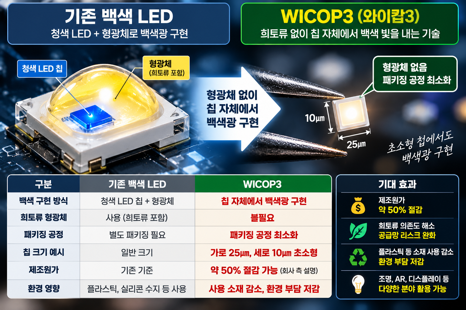 서울반도체 서울바이오시스 WICOP3 희토류 없는 백색 LED 기술, 기존 LED와 구조 및 제조원가 비교