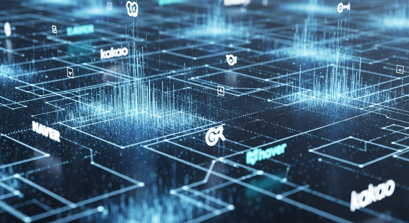 한국의 독특한 포털 및 디지털 서비스 생태계에서 방대한 데이터가 흐르는 모습을 표현한 이미지.