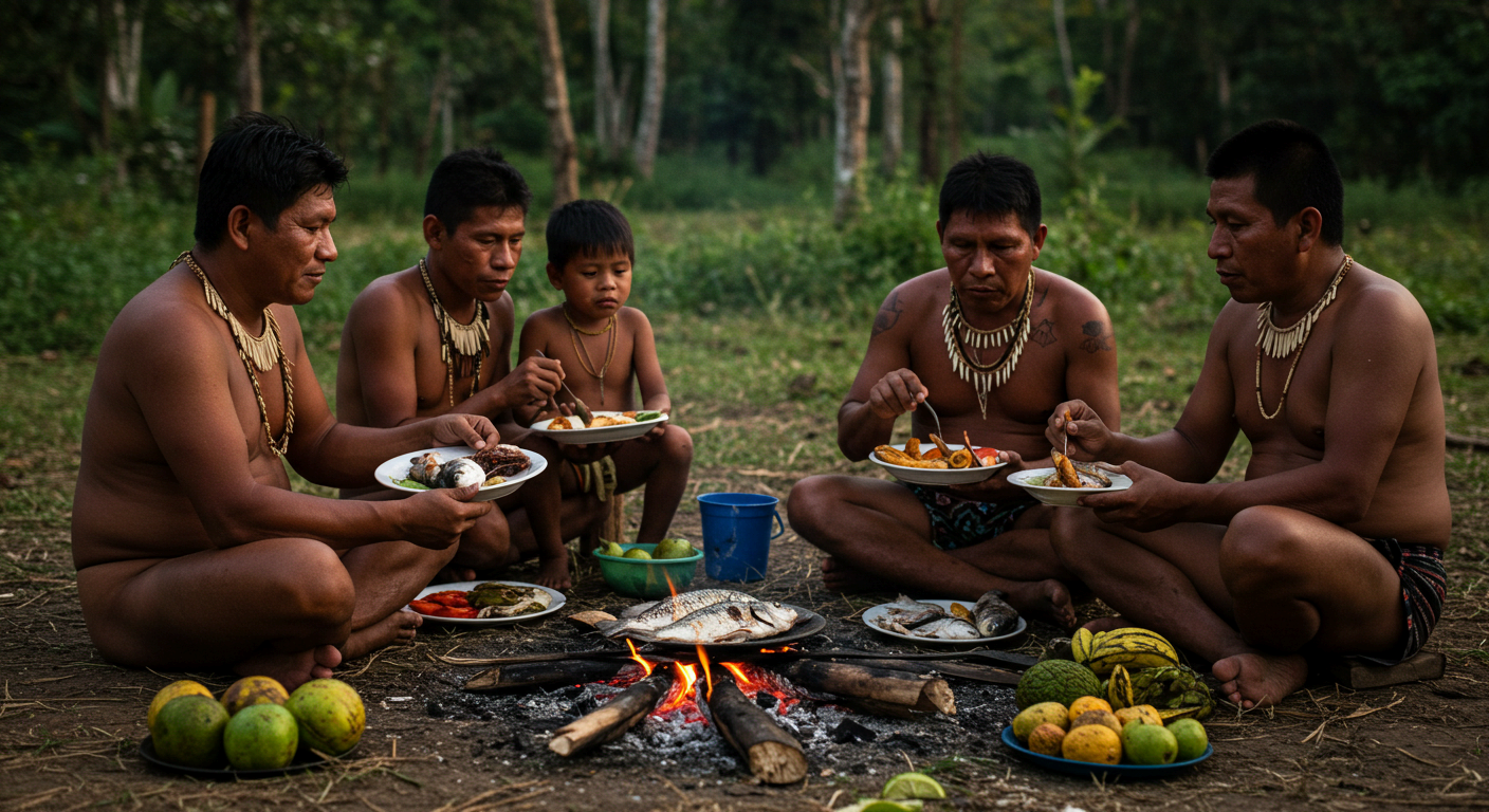 아마존 원주민 가족이 강가에서 잡은 물고기와 카사바, 열대과일 등 자연 식단을 함께 먹는 모습.