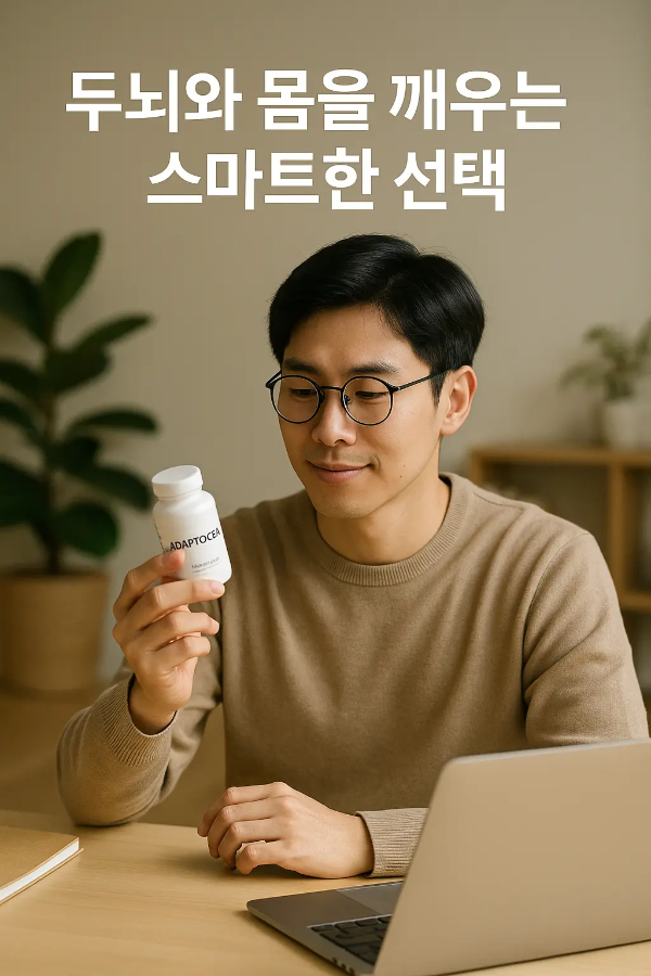 어댑토젠 영양제를 손에 들고 노트북 앞에서 집중하는 한국인 남성, 텍스트 포함