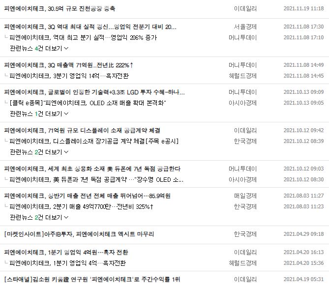 피엔에이치테크 뉴스, 공시