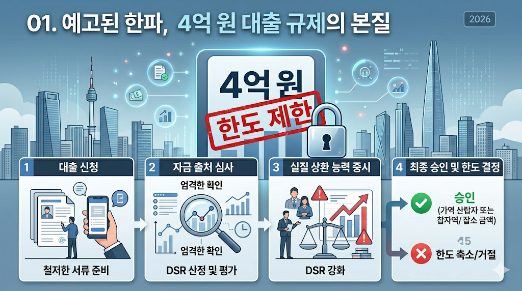 2026년 정부 대출 규제 강화로 인한 4억 원 이상 대출 심사 과정 및 제한 내용 인포그래픽