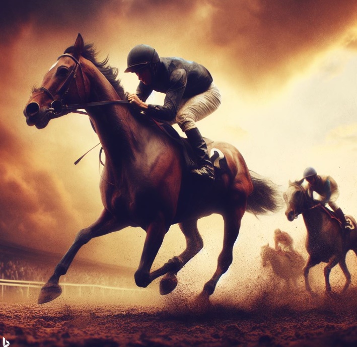 두 손을 말의 고삐에서 내려 놓는 기수(made by Bing)