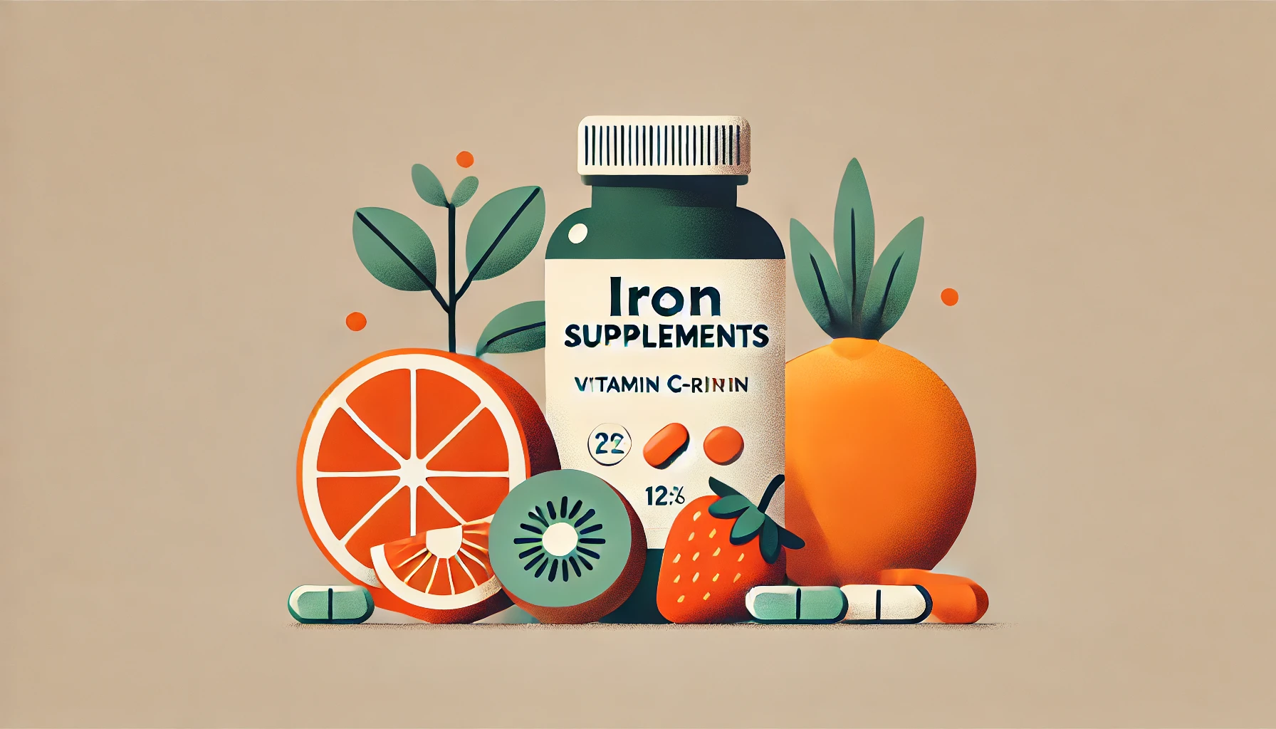 철분제와 비타민 C 과일이 함께 놓인 심플한 플랫 스타일 일러스트