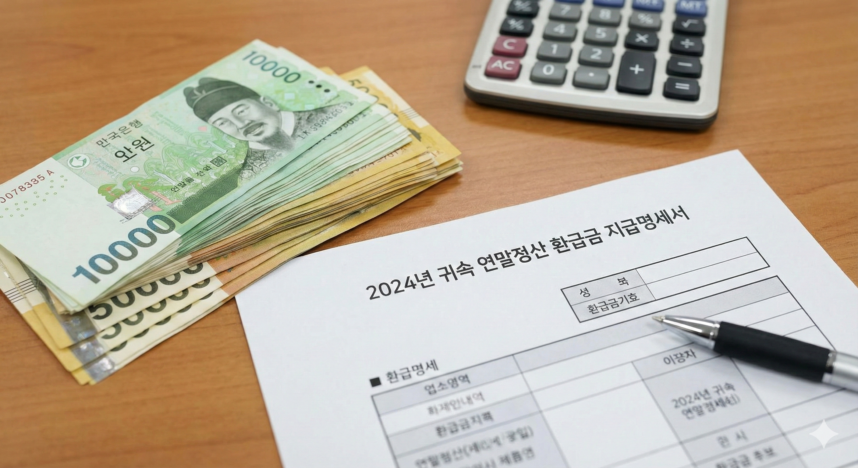 2025 연말정산 환급금 지급명세서와 현금, 계산기 이미지｜연말정산 환급 안내용 사진