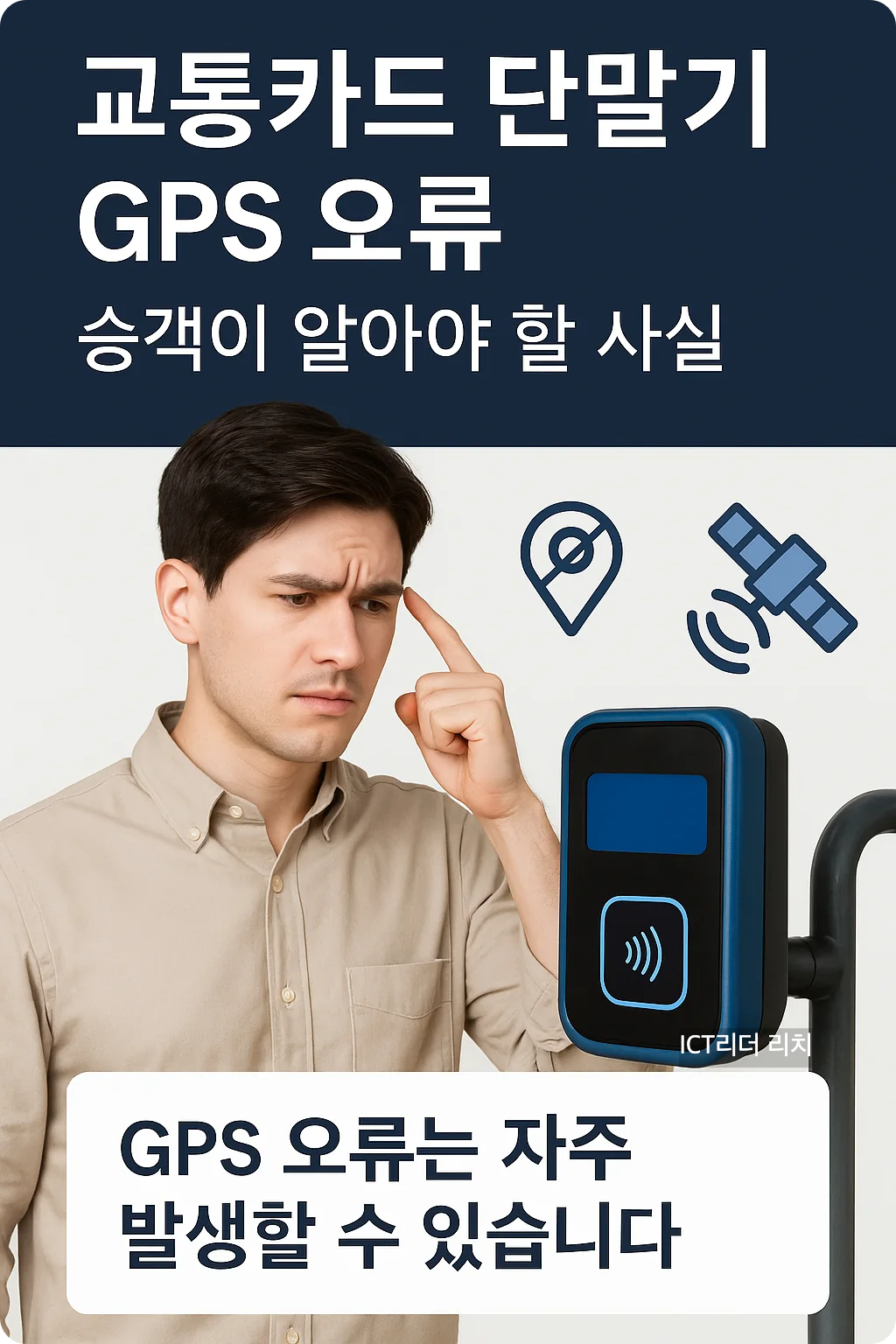 교통카드 단말기의 GPS 오류를 주제로 한 인포그래픽. 20대 남성이 버스 단말기를 살펴보며 정보를 확인하는 장면.
