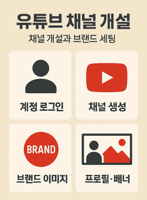 유튜브 동영상 올리는법을 시작하기 전 필요한 채널 개설 과정과 브랜드 세팅 방법을 담은 인포그래픽으로, 계정 로그인, 채널 생성, 브랜드 이미지, 프로필과 배너 설정 과정을 설명합니다.