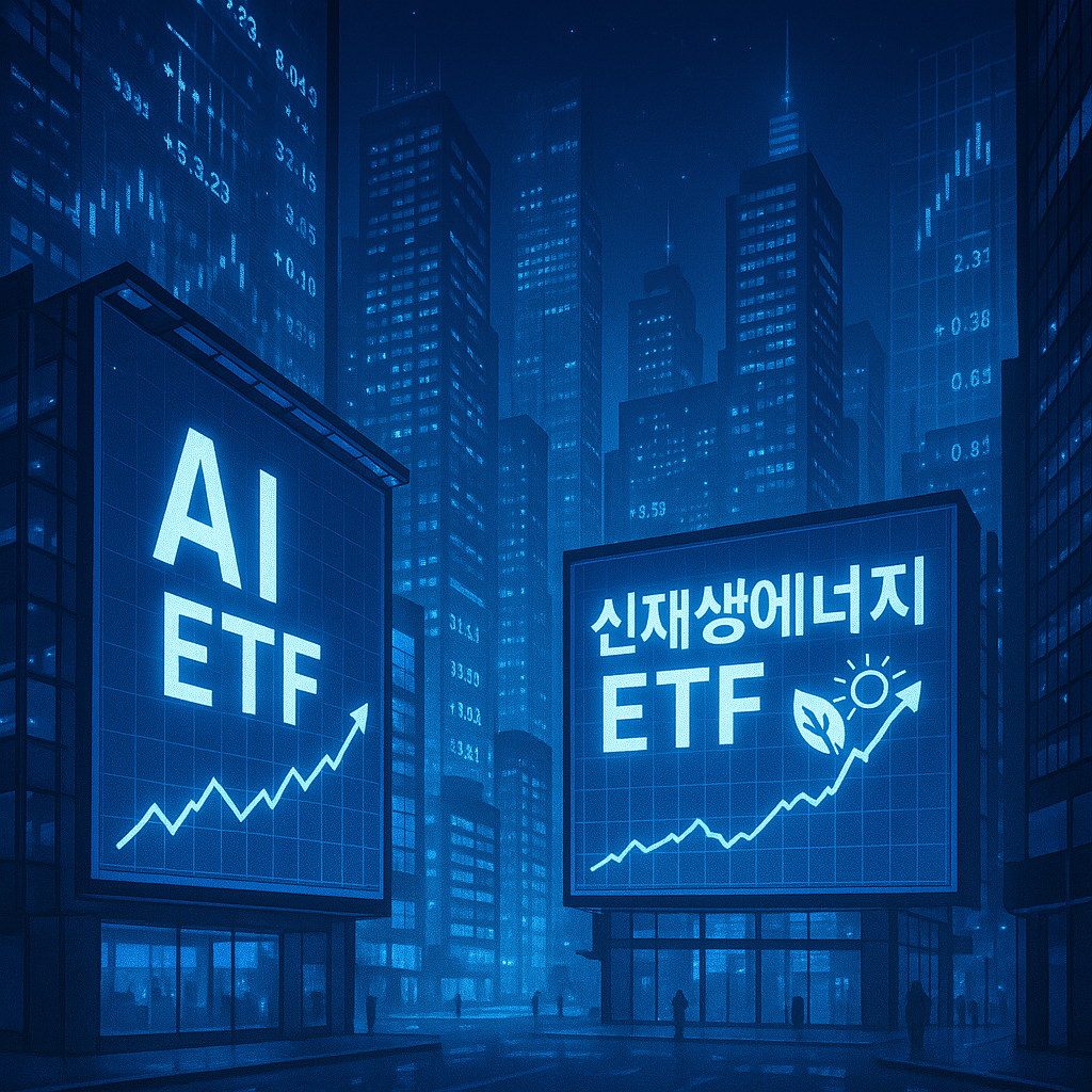 2025년 ETF 트렌드(AI, ESG)를 현대적 도시 배경으로 시각화