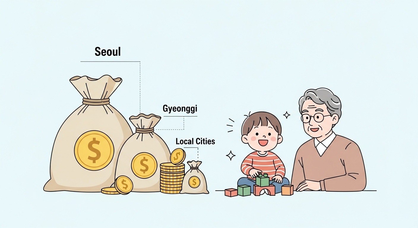 서울, 경기, 지방 도시별로 달라지는 조부모돌봄수당 금액을 보여주는 일러스트, 지역별 지원 차이 강조