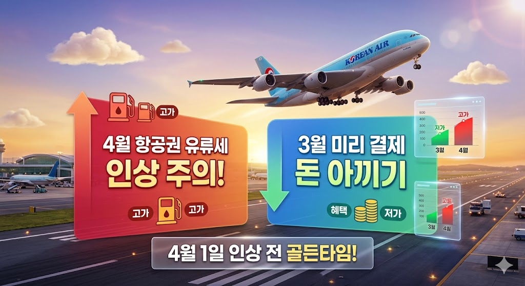 4월 항공권 유류세 인상 전 여행 경비 절약을 위해 이륙하는 비행기 시각화