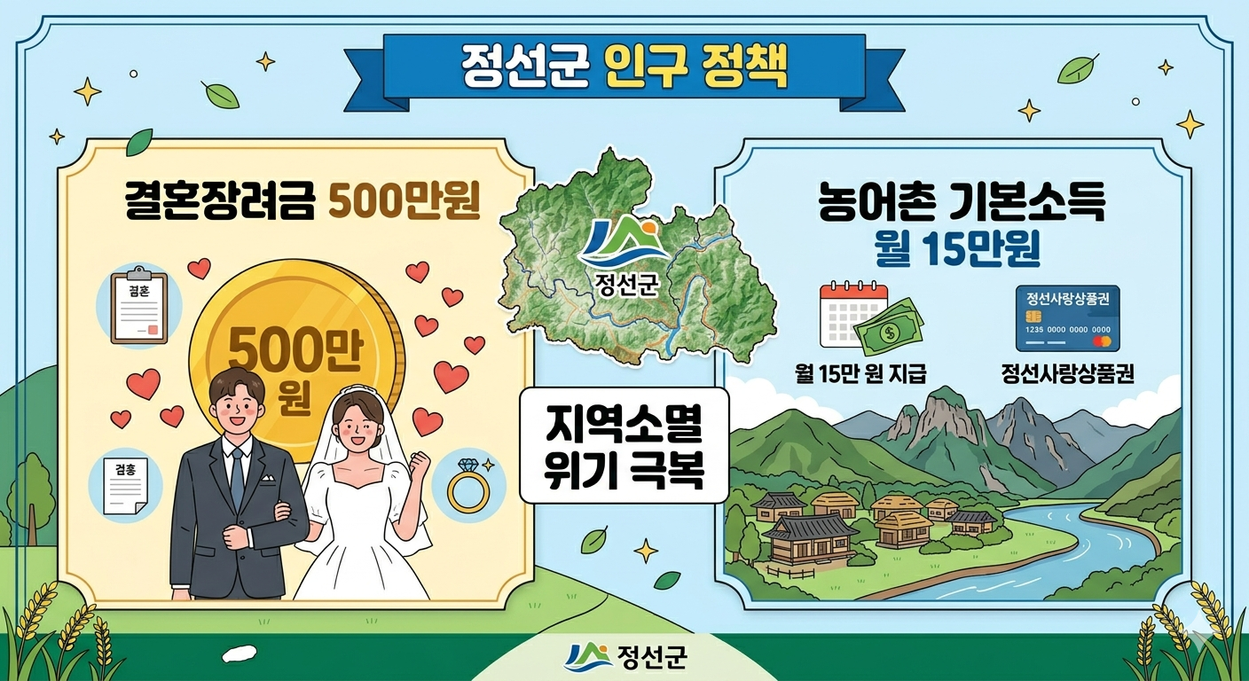 정선군 결혼장려금 500만 원 + 매년 180만 원 농어촌 기본소득, 인구 정책의 모든 것!!