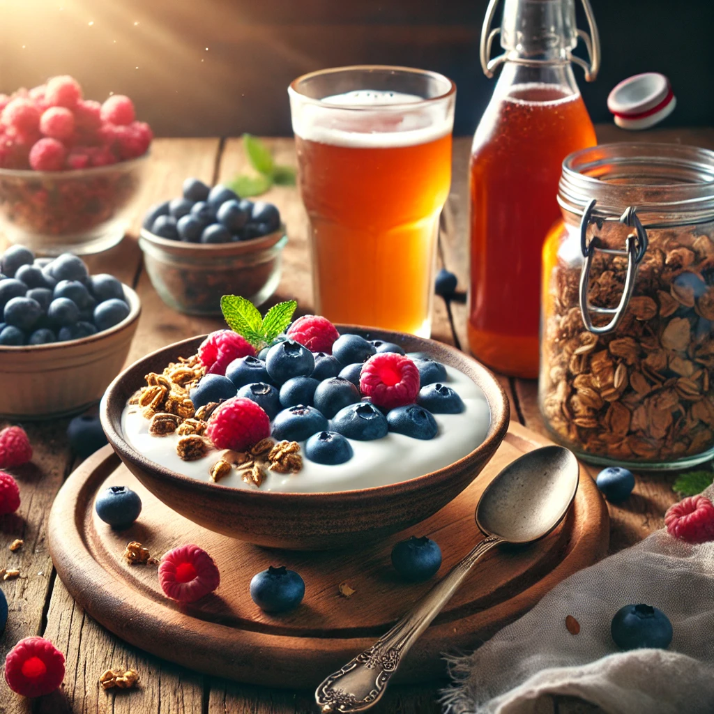 베리, 그래놀라, 콤부차를 곁들인 요구르트와 같은 프로바이오틱 식품은 장 건강을 지원하고 면역력을 강화합니다.