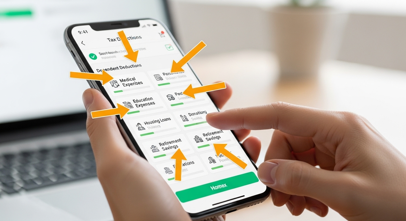 스마트폰으로 국세청 홈택스 앱을 사용하며 연말정산 공제 항목을 확인하는 직장인의 손