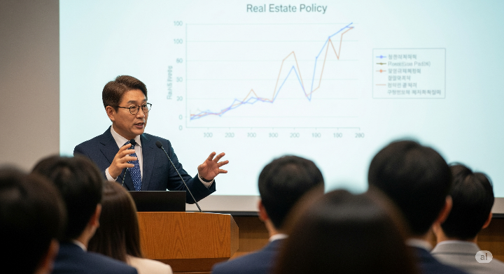 전문가가 강연장에서 청중에게 부동산 정책 관련 그래프를 설명하며 활발하게 소통하는 모습
