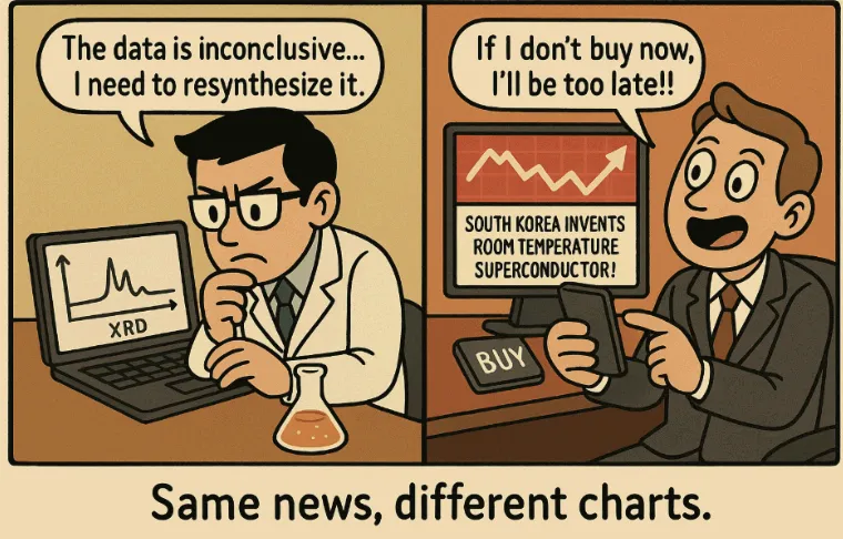 같은 뉴스에 대해 과학자는 데이터를 분석하고, 투자자는 주식 매수 버튼을 누르는 대조적 반응을 보여주는 풍자 일러스트. 왼쪽은 실험실에서 진지하게 데이터를 바라보는 과학자, 오른쪽은 주가 차트를 보며 흥분하는 투자자의 모습으로 구성되어, LK-99 발표 이후의 과학적 검증과 대중적 투기 심리를 대비시킴 (LK-99, science vs market, satire illustration)