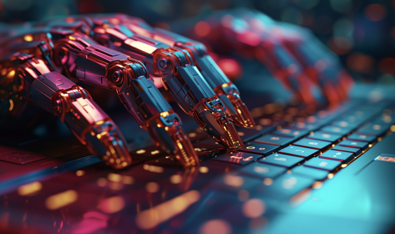 AI 로봇 손이 키보드를 타이핑하며 업무를 자동화하는 모습을 표현한 미래지향적 이미지