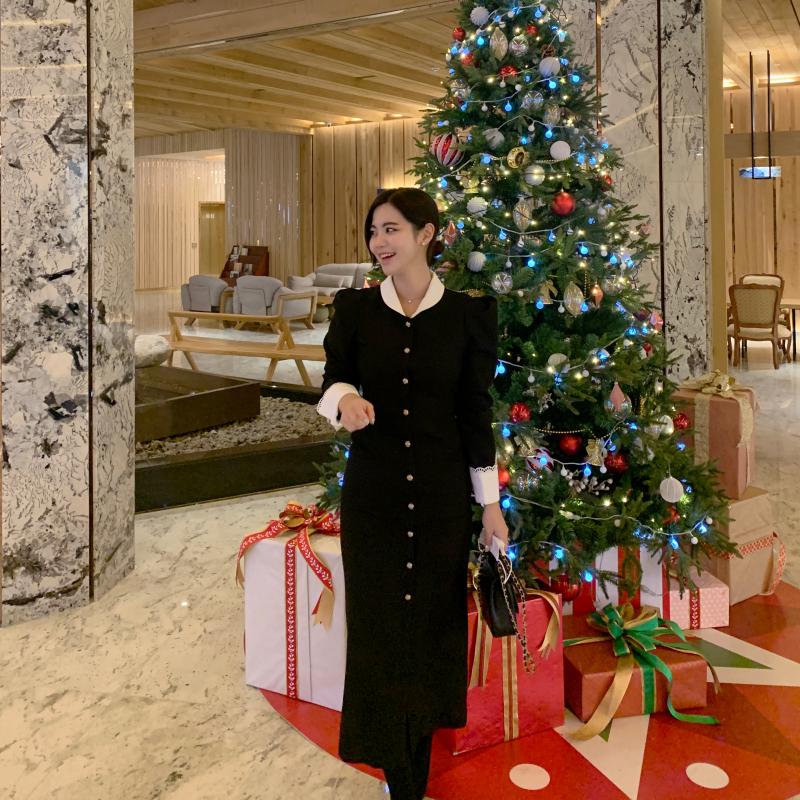 하객원피스 77 88 빅사이즈 배색카라 자켓 정장 연말 겨울원피스 결혼식하객룩