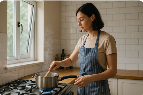 주방에서 요리하며 창문 열고 환기하는 주부
