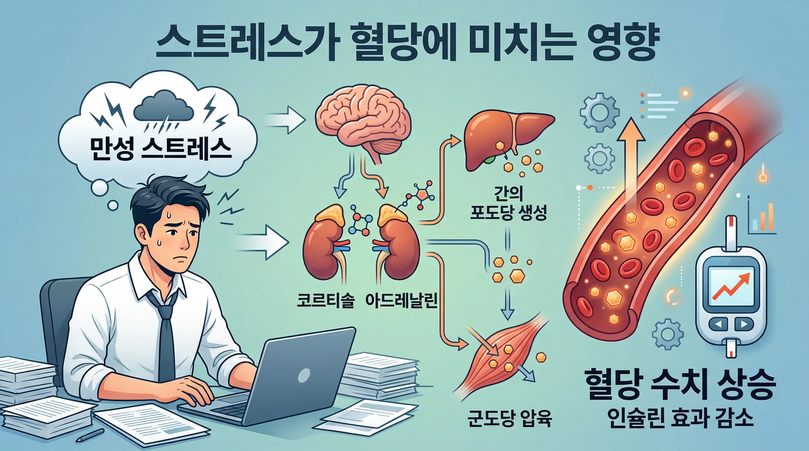 스트레스가 혈당에 영향을 주는 과정을 설명하는 이미지