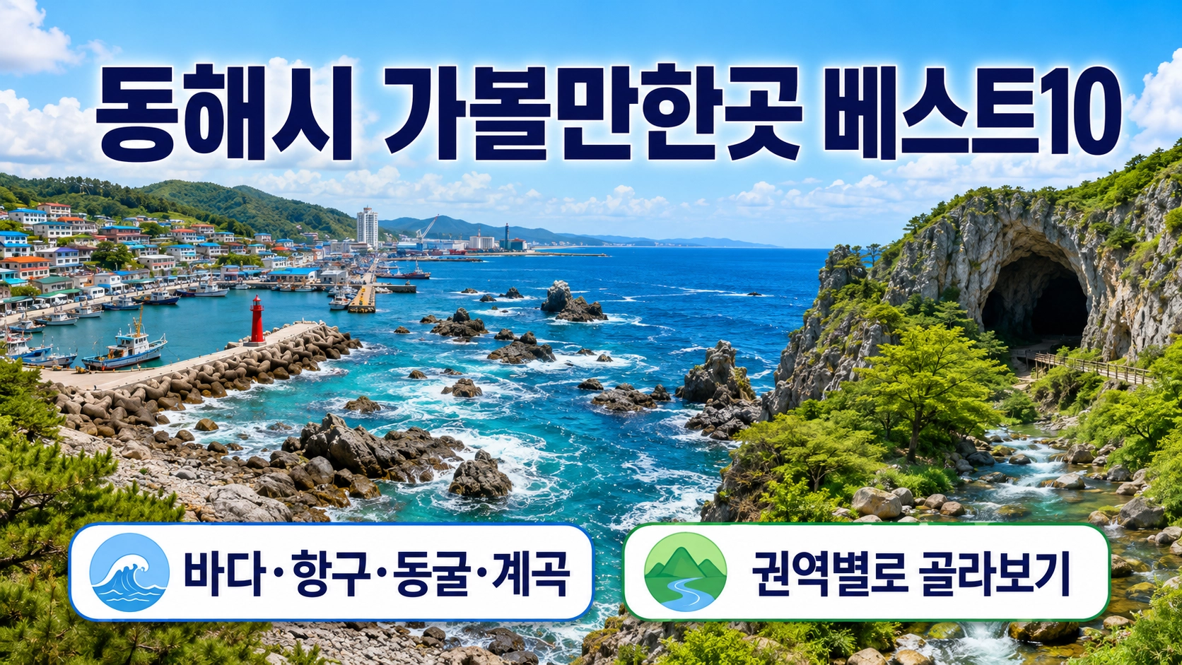 동해시의 바위 해안과 묵호항, 동굴, 계곡 풍경을 함께 보여주는 가볼만한곳 베스트10 안내 이미지