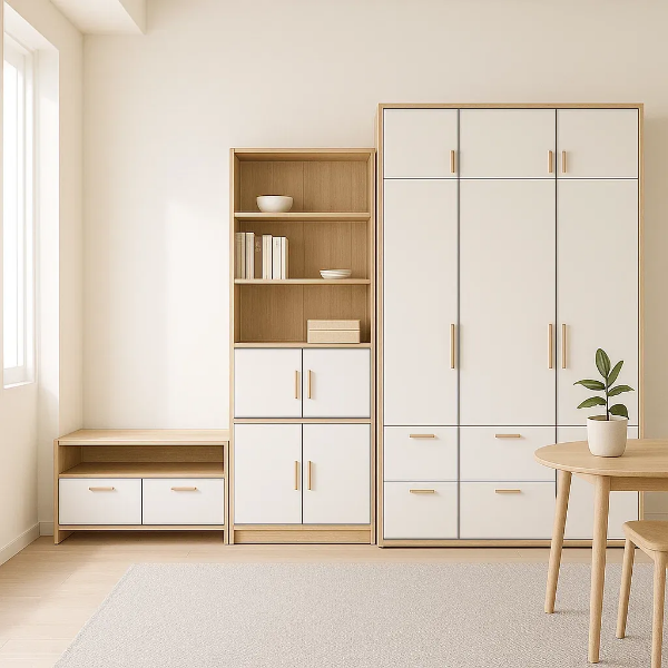 화이트 앤 우드톤 미니멀리스트 수납장과 테이블로 구성된 밝고 깔끔한 인테리어 공간