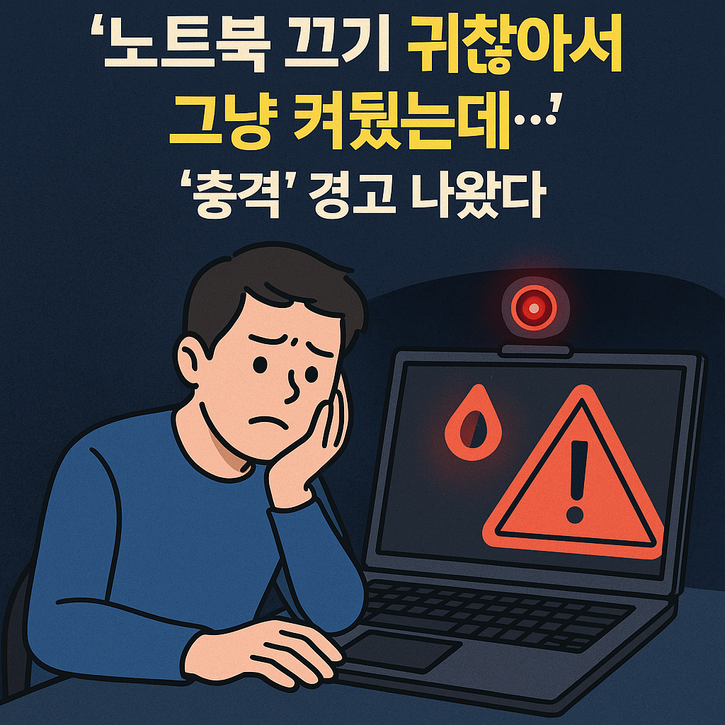 어두운 방 안에서 켜진 노트북 화면에 해킹 경고 아이콘이 떠 있는 이미지. 웹캠 렌즈에 붉은 불빛이 켜져 있고, 화면 중앙에는 '노트북 끄기 귀찮아서 그냥 켜뒀는데… 충격 경고' 문구가 강조된 보안 경고 그래픽.