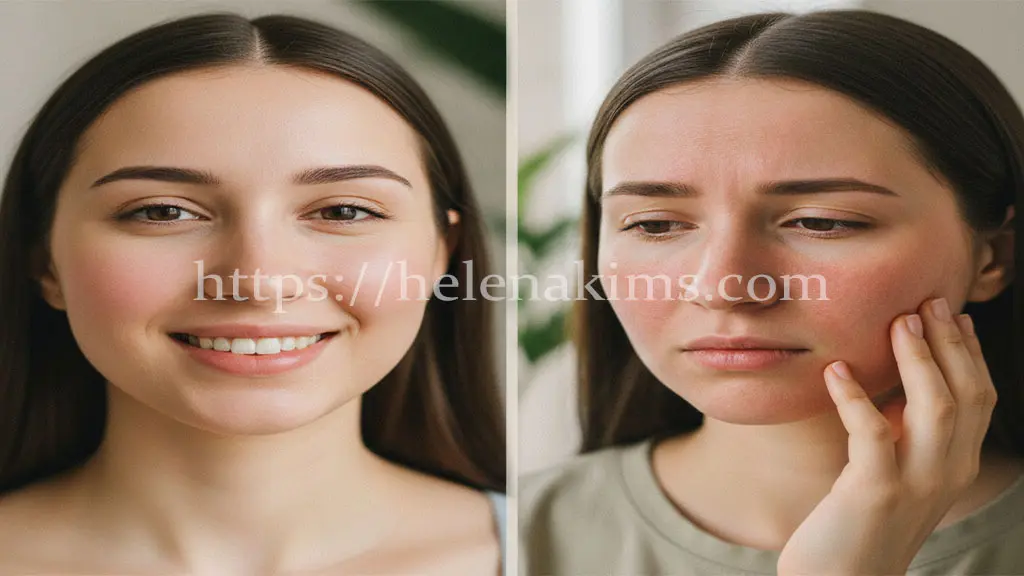 왼쪽에는 정상적인 피부의 여성, 오른쪽에는 안면홍조로 얼굴이 붉은 여성의 모습.