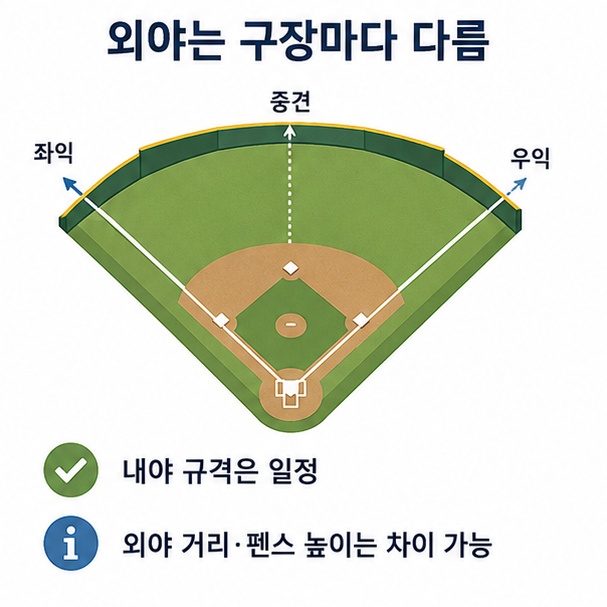 내야의 기본 규격은 일정하지만 외야 거리와 펜스 높이는 야구장마다 다를 수 있다는 점을 부채꼴 야구장 구조로 설명한 그림
