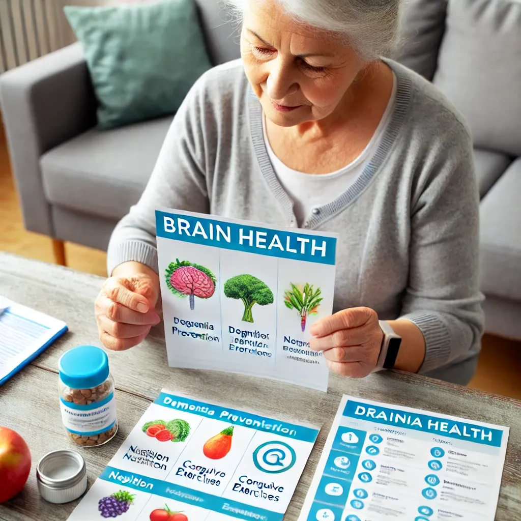 치매 예방을 위한 영양 및 인지 운동과 같은 전략을 배우는 두뇌 건강 워크숍에 참여하는 노인, 팸플릿이나 프레젠테이션 자료를 활용하며 건강 관리에 적극적으로 나서는 모습