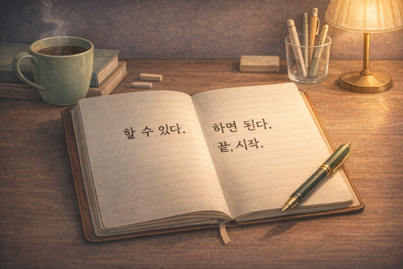 따뜻한 책상 위에 펼쳐진 노트에
‘할 수 있다. 하면 된다. 끝, 시작.’이라는 문장이 적힌 쉼프학당 감성 이미지