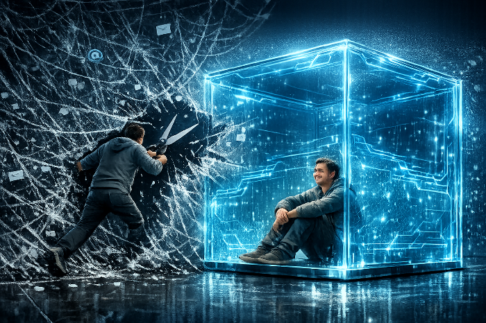 알고리즘 거미줄을 끊고 보호 큐브로 들어가는 사람.