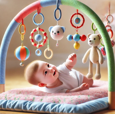 아기체육관 아래에서 장난감을 잡으려는 아기