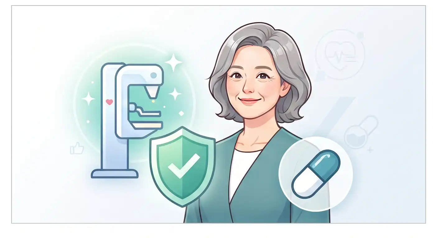 유방 촬영 검사와 건강 관리를 상징하는 아이콘이 함께 있는 중년 여성의 일러스트