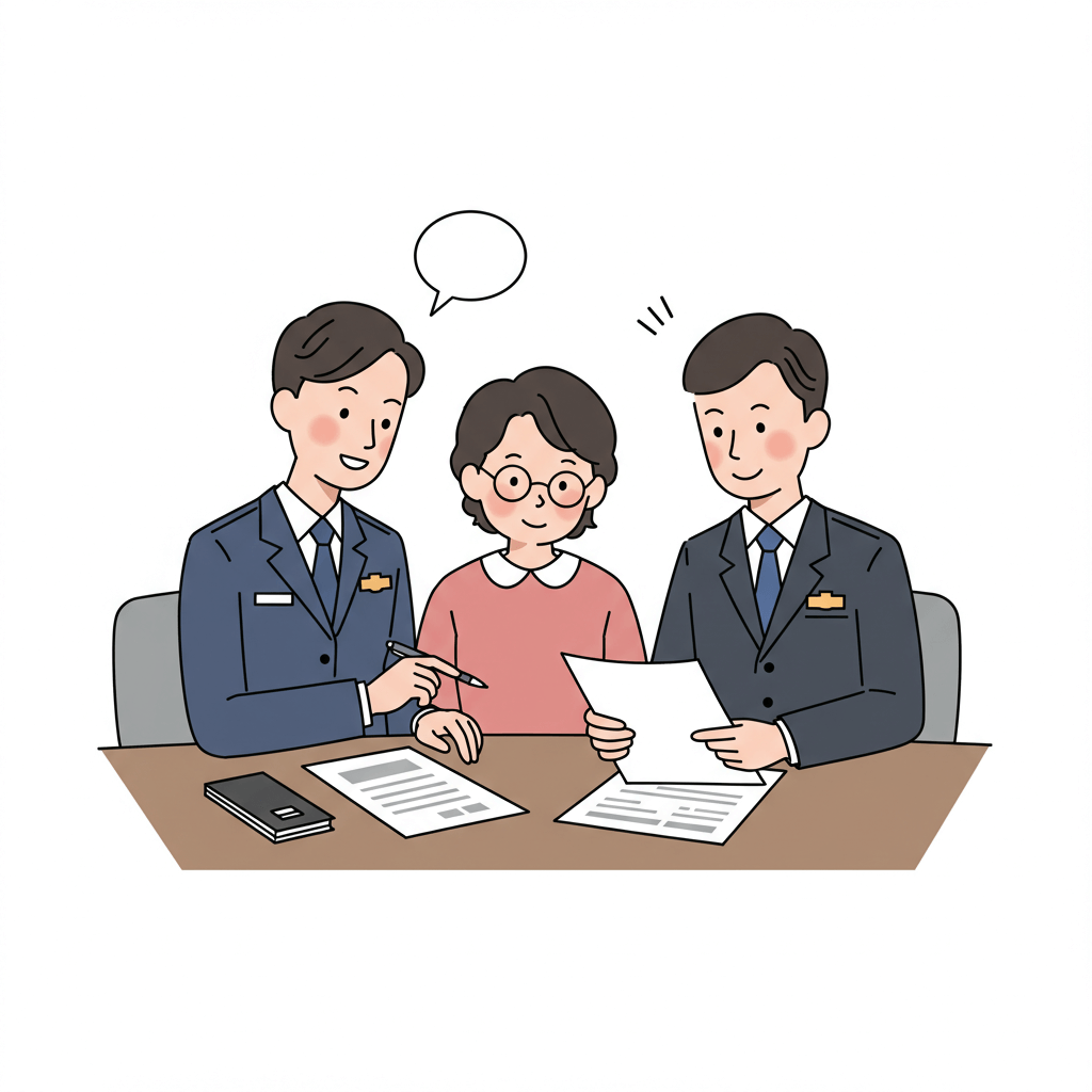 담당공무원에게 부모가 상담하는 중 아버지가 관련 서류를 설펴보고 있다.