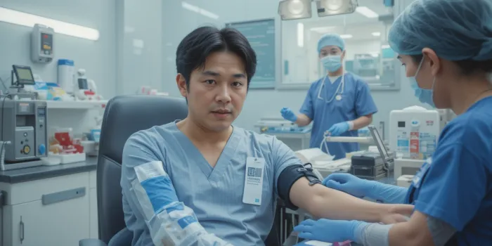 nk세포 활성도 검사를 위해 채혈을 받고 있는 남성