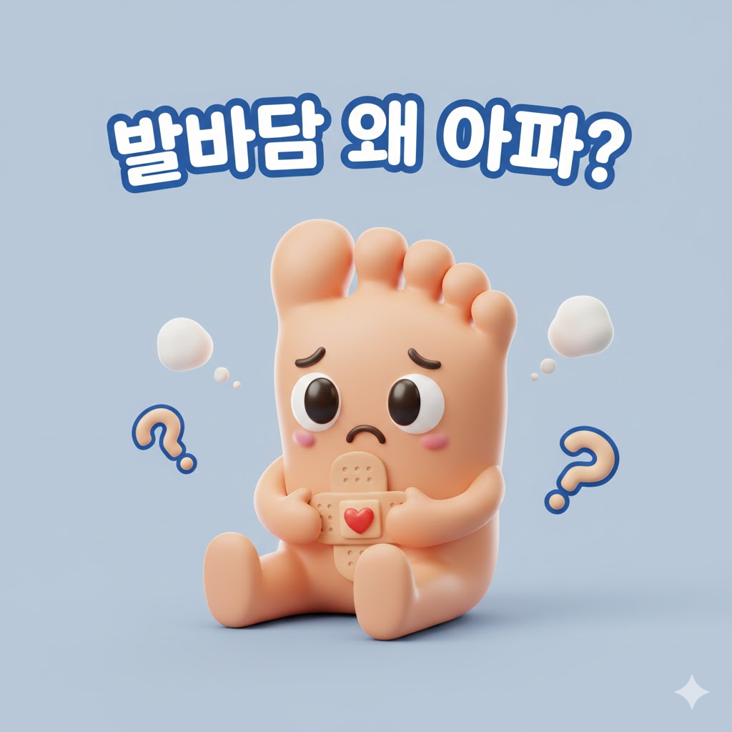 밴드를 붙이고 슬픈 표정을 짓고 있는 귀여운 발바닥 캐릭터와 '발바닥 왜 아파?'라는 문구가 있는 3D 카툰 일러스트.