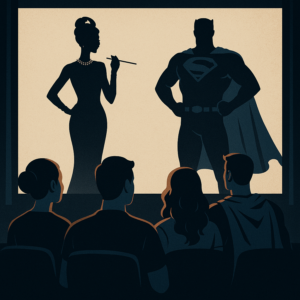 스크린 속 오드리 헵번의 블랙 드레스 실루엣과 현대 슈퍼히어로 코스튬 실루엣이 나란히 비춰지는 장면 일러스트